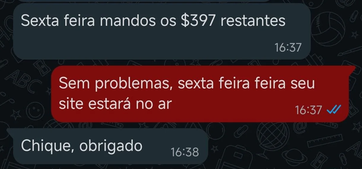 Conversa em que o cliente avisa que paga os US$397 restantes na sexta